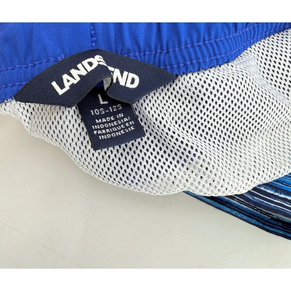 Lands End Kids‎ Swim Trunks Size L 10-12 Blue Stripe Elastic Drawstring Pockets